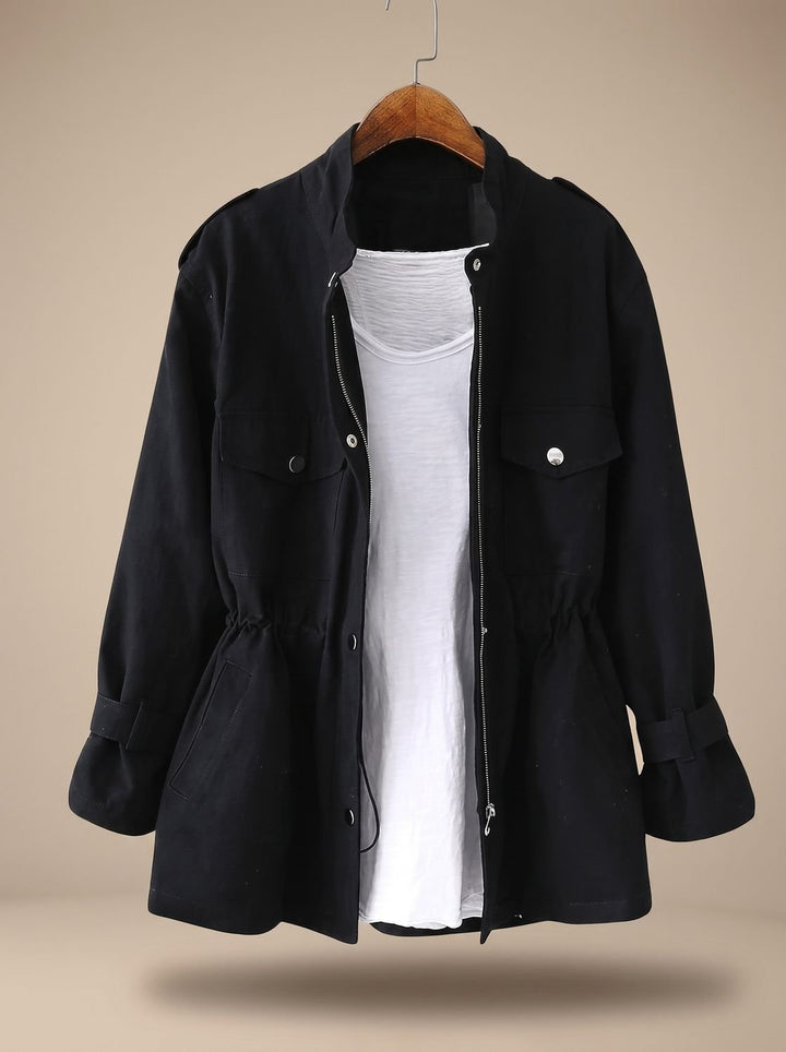 Women's Elegant Zip-Up Utility Jacket Drawstring Waist - Black