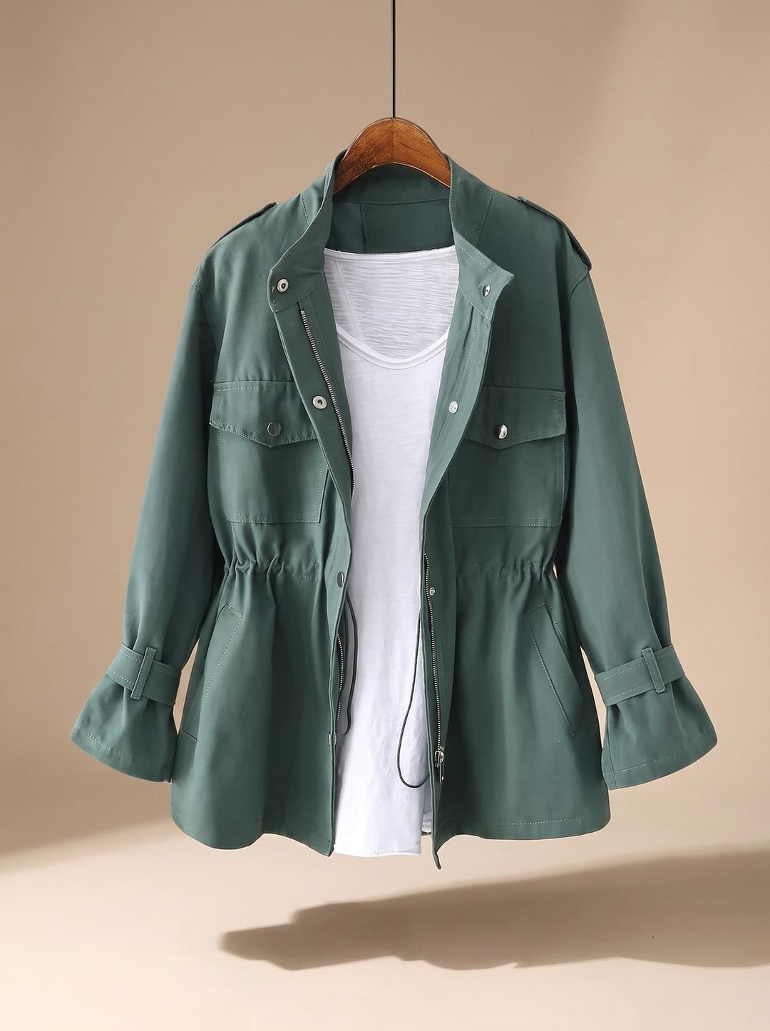 Women's Elegant Zip-Up Utility Jacket Drawstring Waist - Green