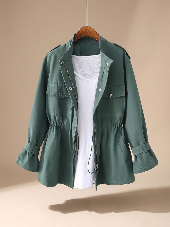 Women's Elegant Zip-Up Utility Jacket Drawstring Waist - Green