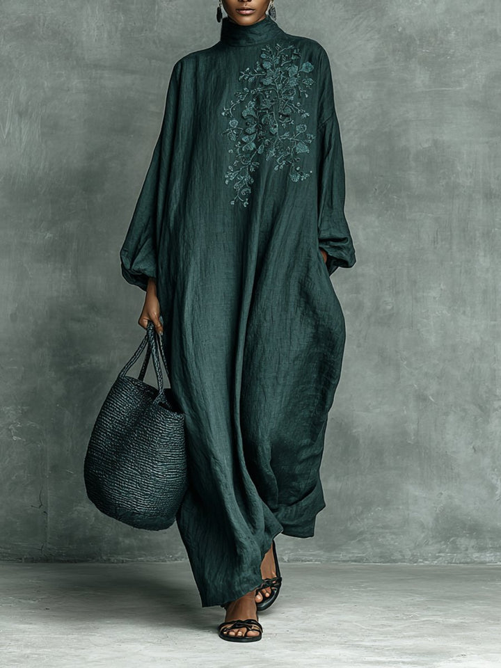 Women's Embroidered Floral High-Neck Linen Maxi Long Sleeve Dress
