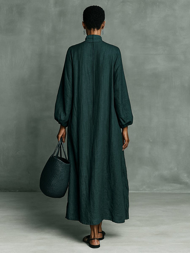 Women's Embroidered Floral High-Neck Linen Maxi Long Sleeve Dress