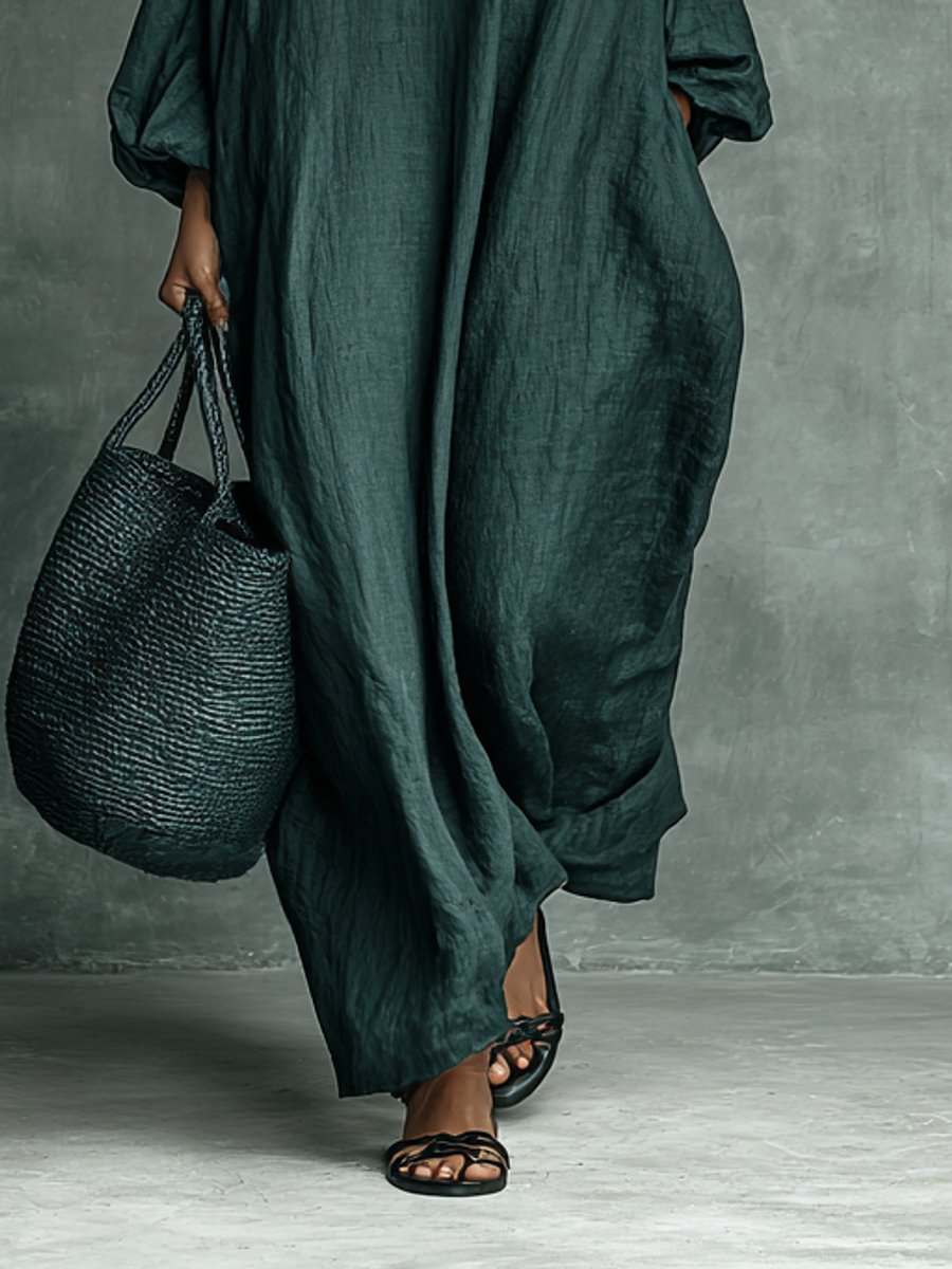 Women's Embroidered Floral High-Neck Linen Maxi Long Sleeve Dress
