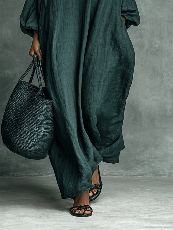 Women's Embroidered Floral High-Neck Linen Maxi Long Sleeve Dress
