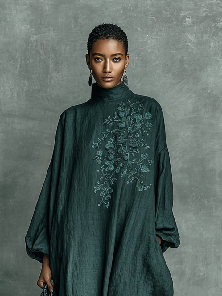 Women's Embroidered Floral High-Neck Linen Maxi Long Sleeve Dress