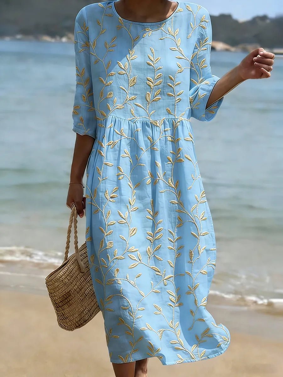 Women's Embroidered Leaf Midi Party Dress Round Neck - Blue