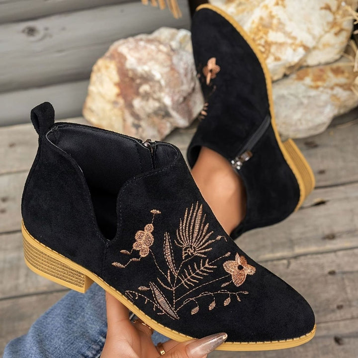 Women's Embroidered Low-Heel Pointed-Toe Ankle Boots