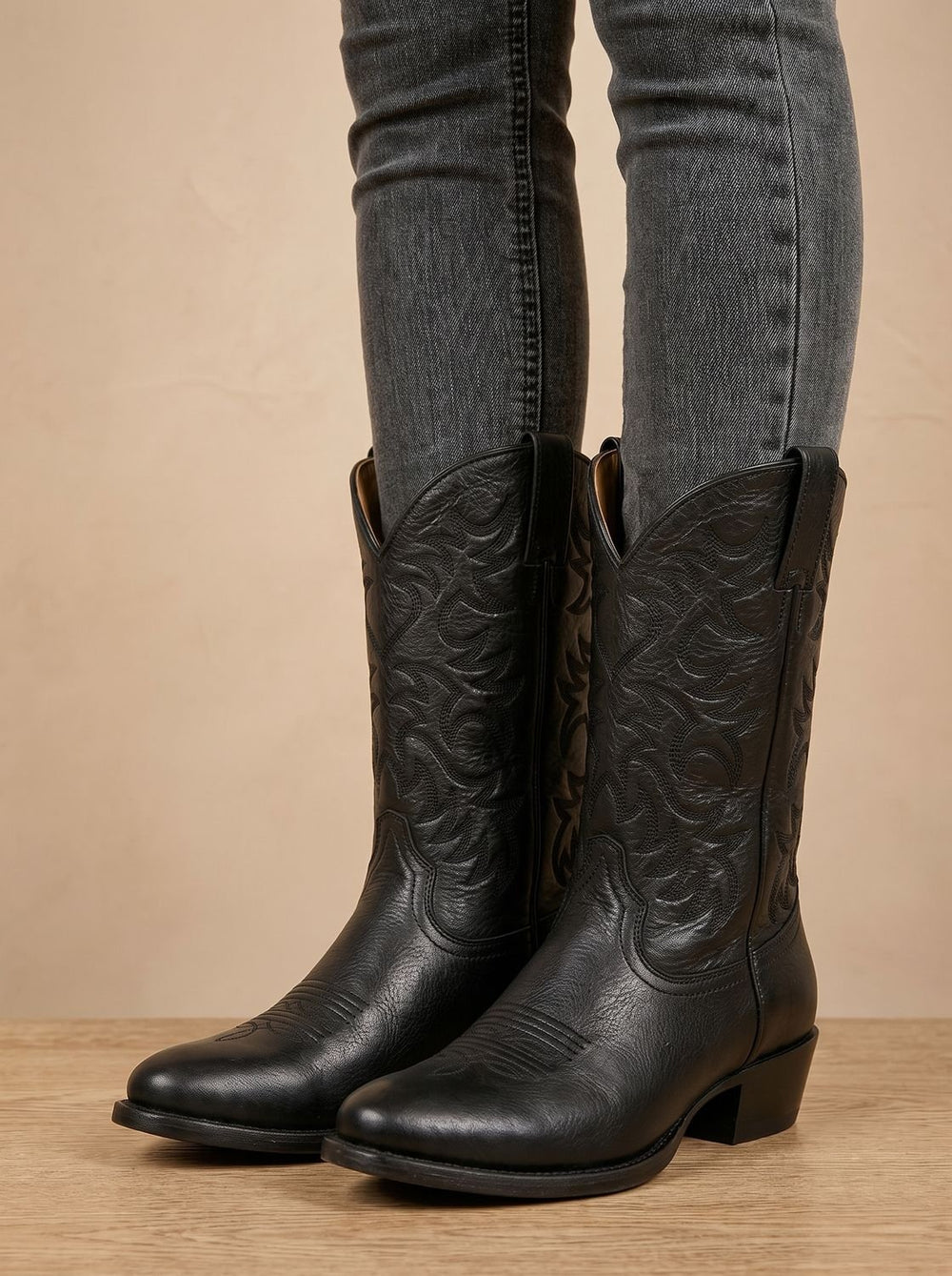 Women's Embroidered Mid-Calf Block-Heel Cowboy Boots - Black
