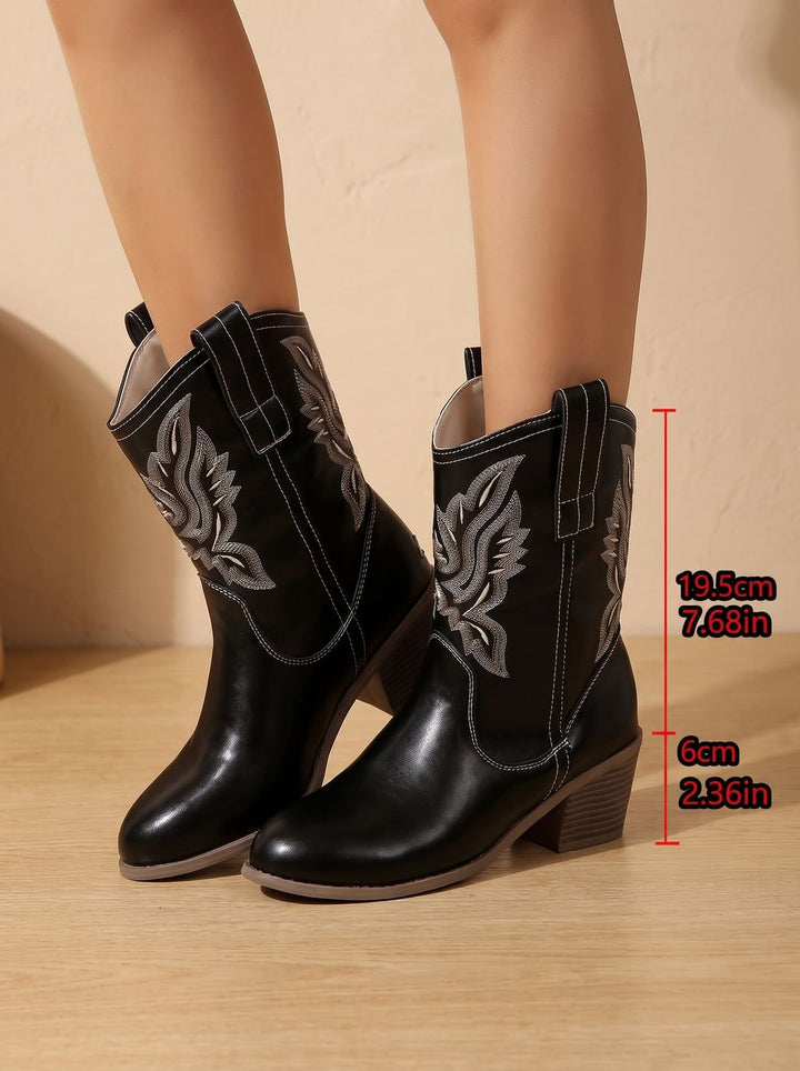 Women's Embroidered Western Cowboy Mid-Calf Block Heel Boots