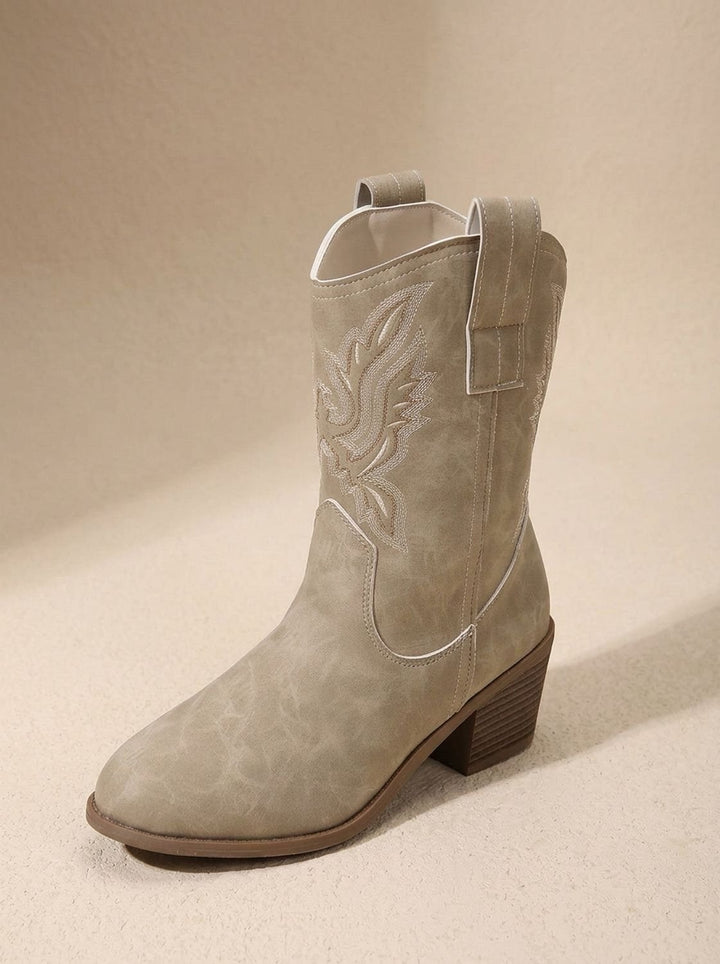 Women's Embroidered Western Cowboy Mid-Calf Block Heel Boots - Ecru