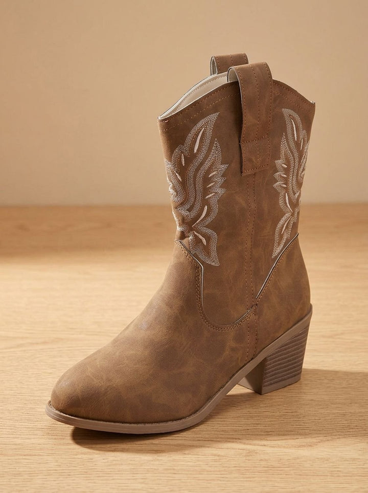 Women's Embroidered Western Cowboy Mid-Calf Block Heel Boots - Dark Brown