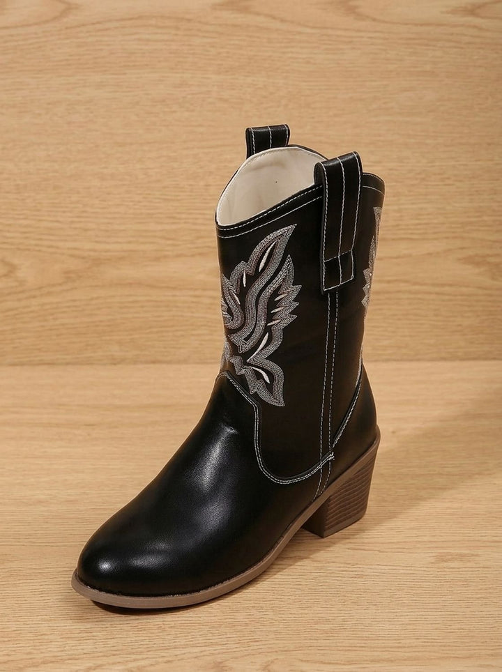 Women's Embroidered Western Cowboy Mid-Calf Block Heel Boots - Black
