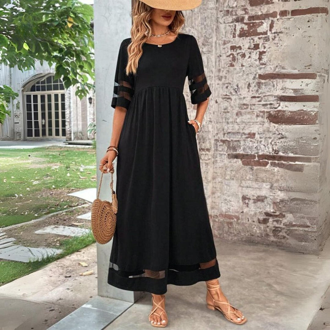 Women's Empire-Waist Mesh-Panel Elegant Dress Midi - Black