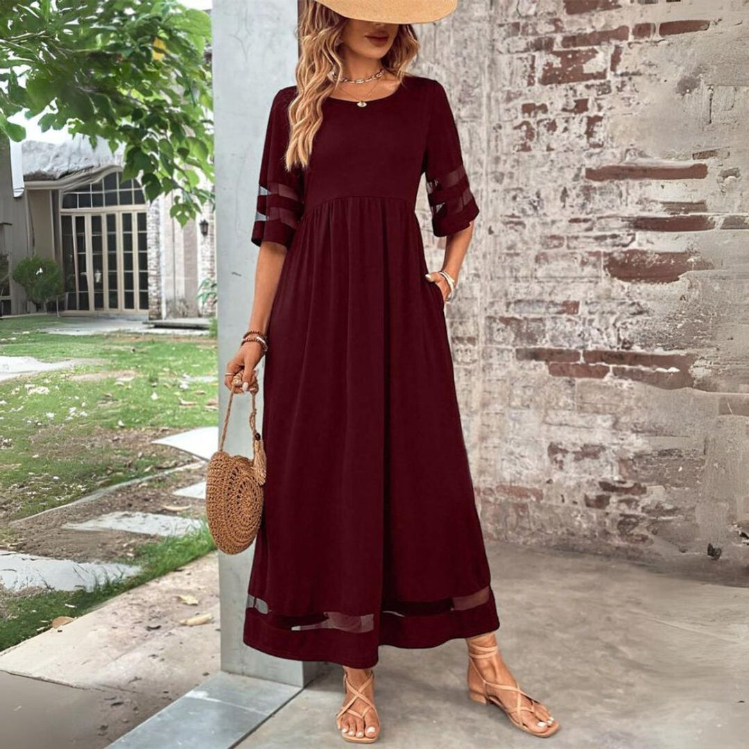 Women's Empire-Waist Mesh-Panel Elegant Dress Midi - Red