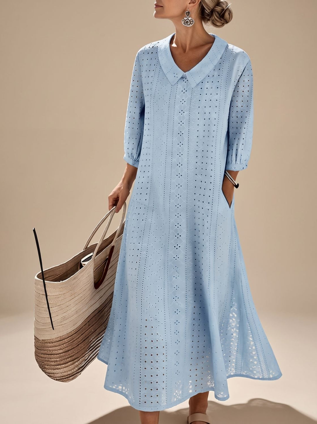 Women's Eyelet Collared Half-Sleeve Relaxed Midi Dress - Blue