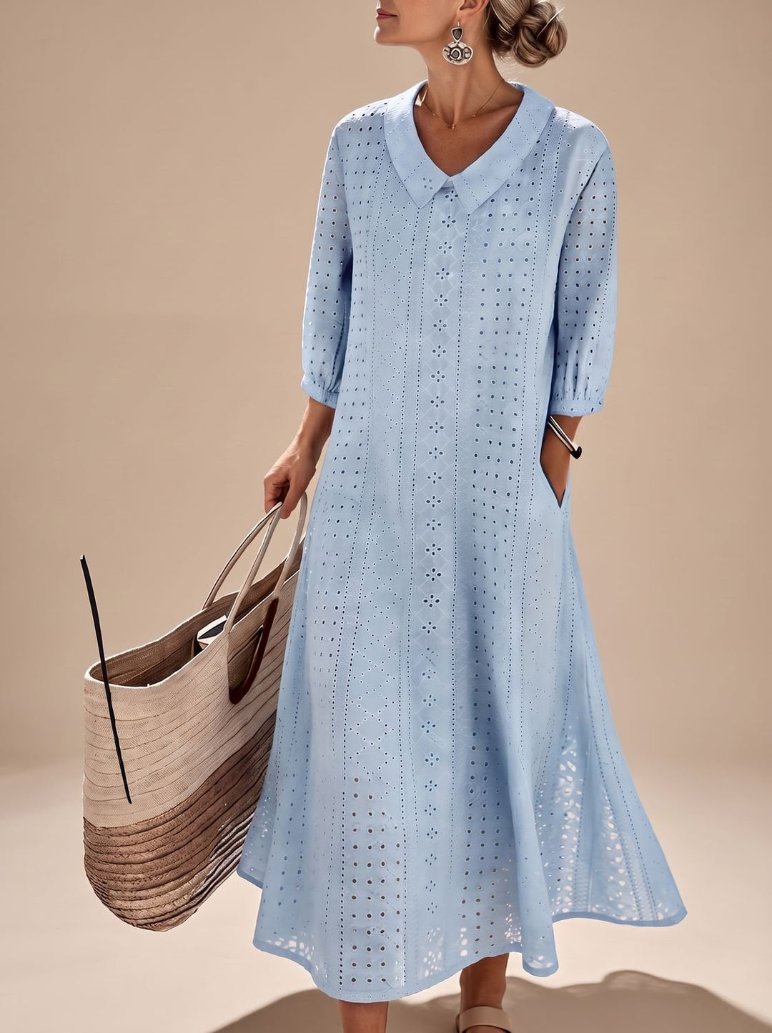 Women's Eyelet Collared Half-Sleeve Relaxed Midi Dress