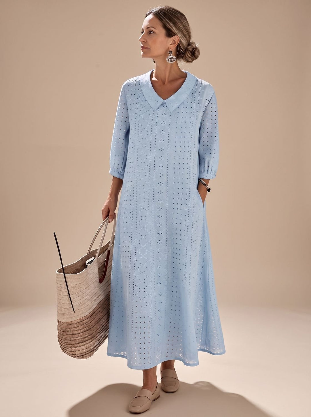 Women's Eyelet Collared Half-Sleeve Relaxed Midi Dress