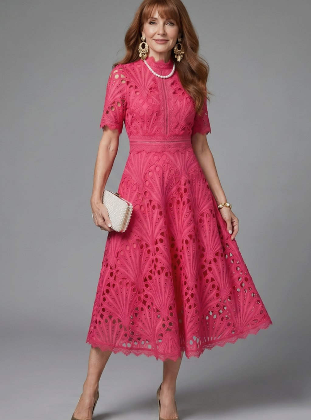 Women's Eyelet Lace High-Neck Flared Cocktail Dress - Pink