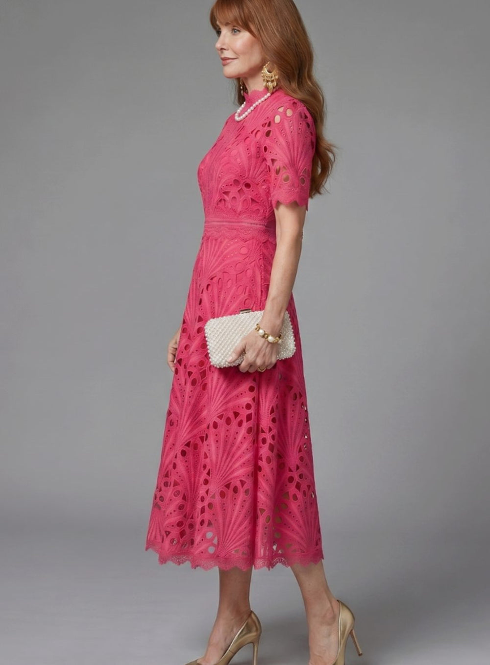 Women's Eyelet Lace High-Neck Flared Cocktail Dress
