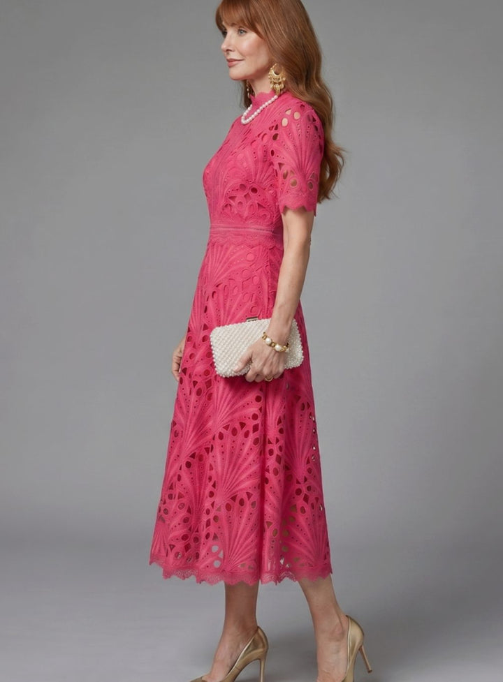 Women's Eyelet Lace High-Neck Flared Cocktail Dress