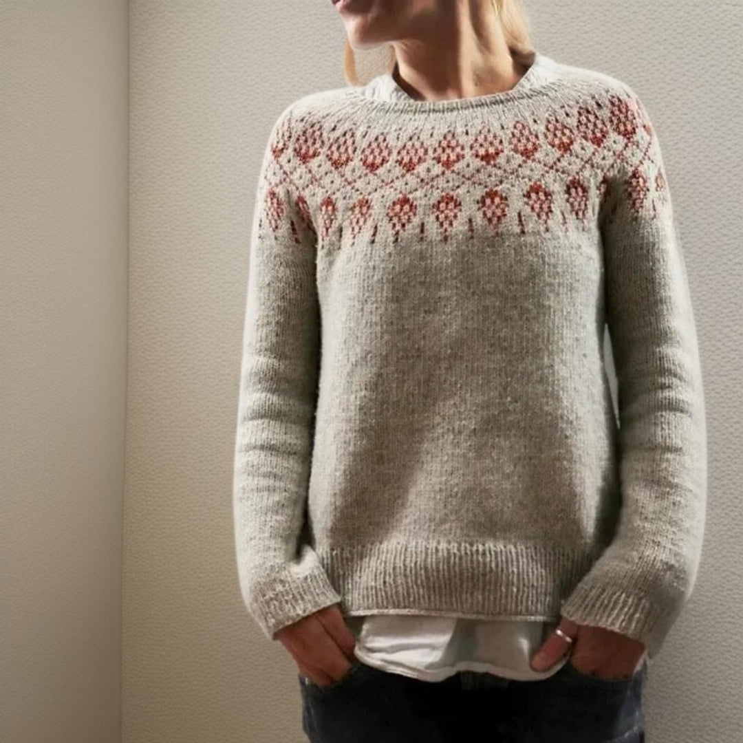 Women's Fair Isle Icelandic Knit Sweater Relaxed Crewneck Pullover - Gray