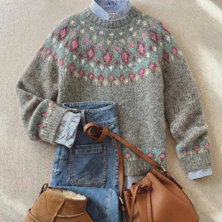 Women's Fair Isle Nordic Relaxed-Fit Knit Sweater - Soft Gray Pastel