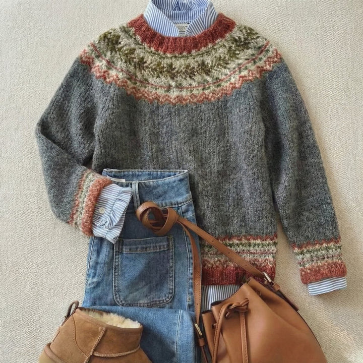Women's Fair Isle Nordic Relaxed-Fit Knit Sweater - Stone Gray Mix