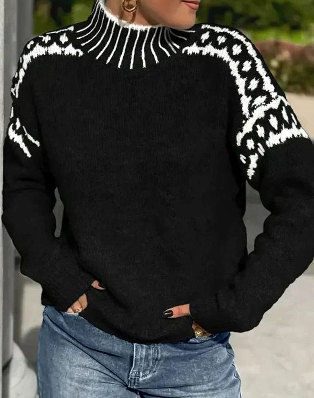 Women's Fair Isle Turtleneck Relaxed-Fit Knit Sweater - Black