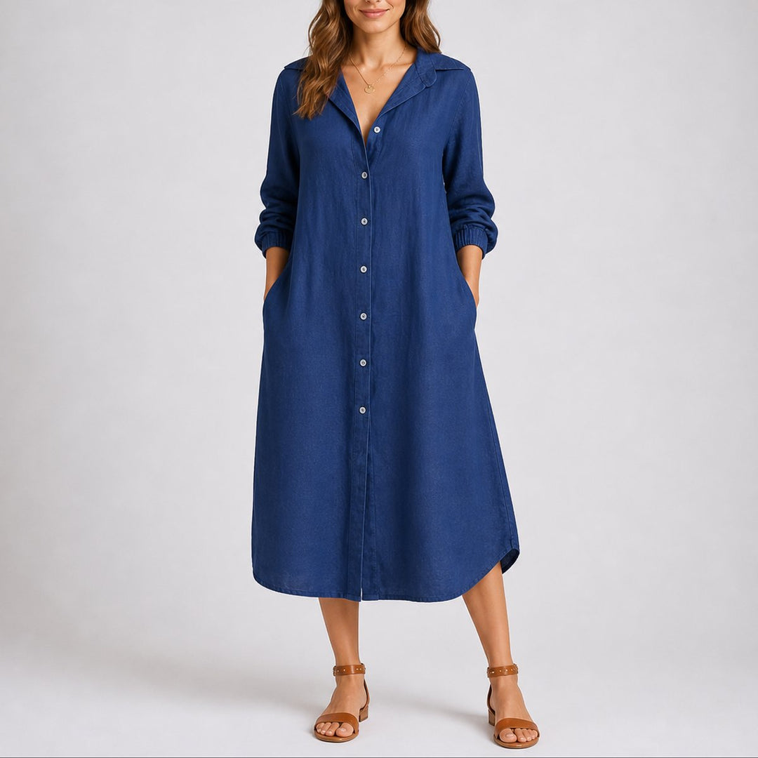 Women's Fall Wedding Guest Dress Long-Sleeve Button-Front Midi Shirtdress - Blue