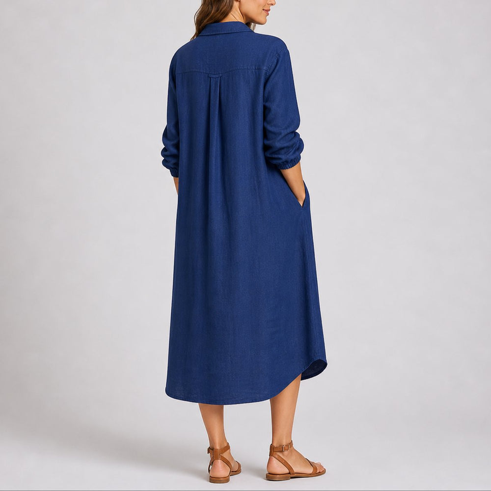 Women's Fall Wedding Guest Dress Long-Sleeve Button-Front Midi Shirtdress