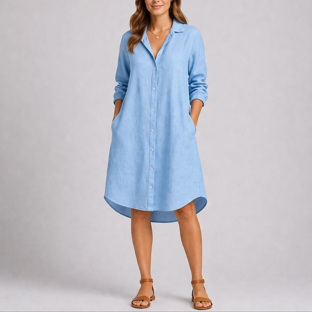 Women's Fall Wedding Guest Dress Long-Sleeve Button-Front Midi Shirtdress - Light Blue