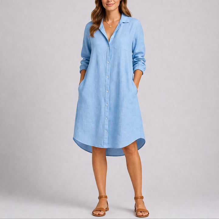 Women's Fall Wedding Guest Dress Long-Sleeve Button-Front Midi Shirtdress - Light Blue