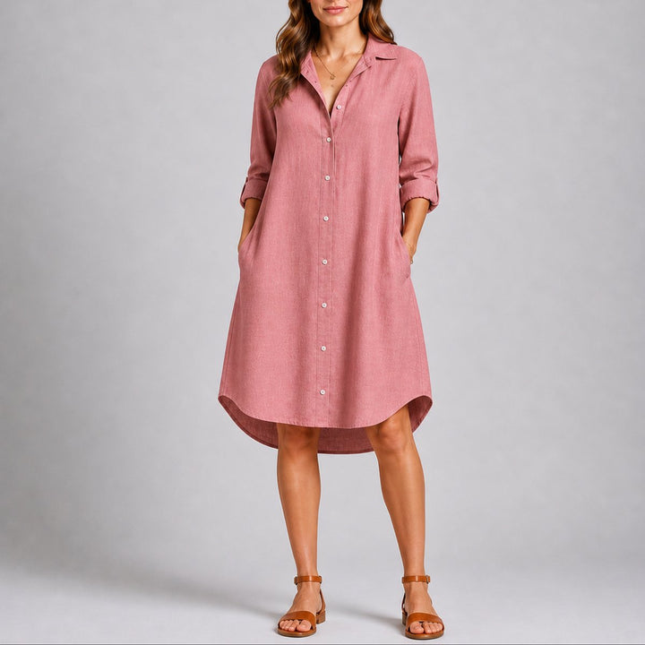 Women's Fall Wedding Guest Dress Long-Sleeve Button-Front Midi Shirtdress - Pink