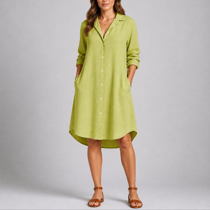 Women's Fall Wedding Guest Dress Long-Sleeve Button-Front Midi Shirtdress - Green