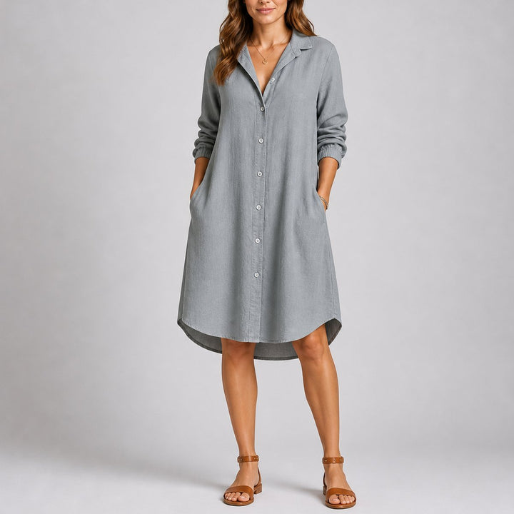 Women's Fall Wedding Guest Dress Long-Sleeve Button-Front Midi Shirtdress - Gray