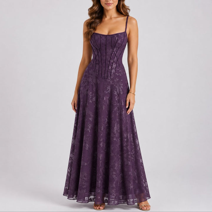 Women's Fall Wedding Guest Dresses Floral Corset Maxi Dress - Purple