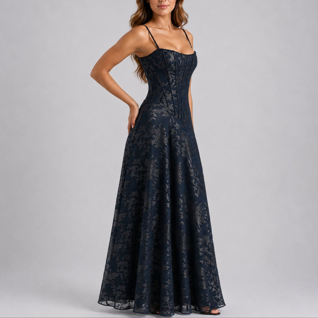 Women's Fall Wedding Guest Dresses Floral Corset Maxi Dress - Navy