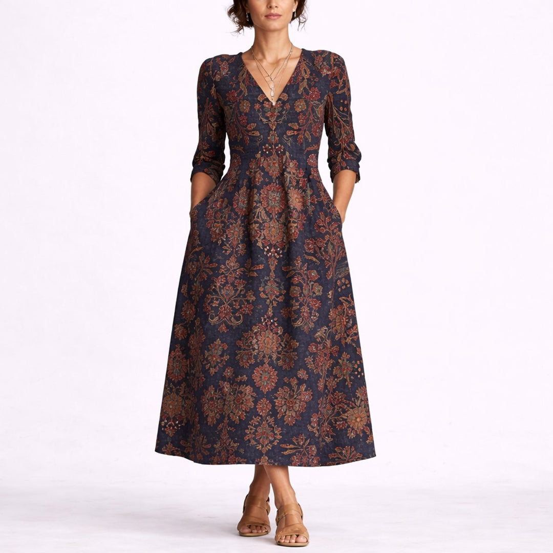 Women's Fall Wedding Guest Dresses Floral Linen Maxi Dress V-Neck - Multicolor