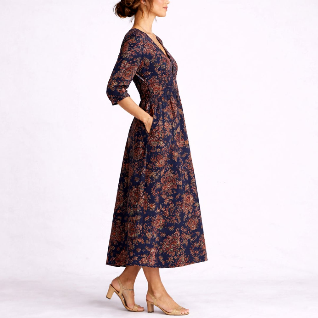 Women's Fall Wedding Guest Dresses Floral Linen Maxi Dress V-Neck