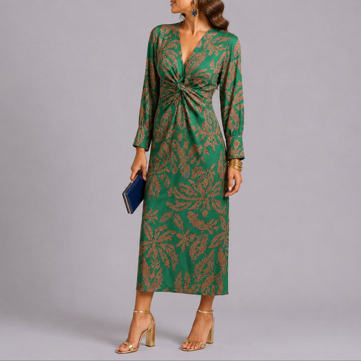Women's Fall Wedding Guest Dresses Twist-Front V-Neck Floral Midi Dress - Green