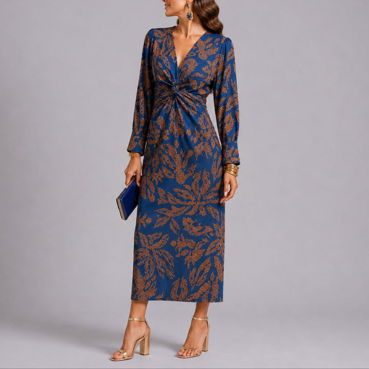 Women's Fall Wedding Guest Dresses Twist-Front V-Neck Floral Midi Dress - Blue