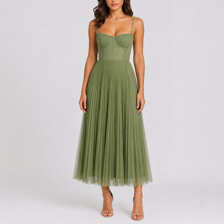 Women's Fall Wedding Guest Pleated Tulle Midi Dress Bustier Bodice - Green