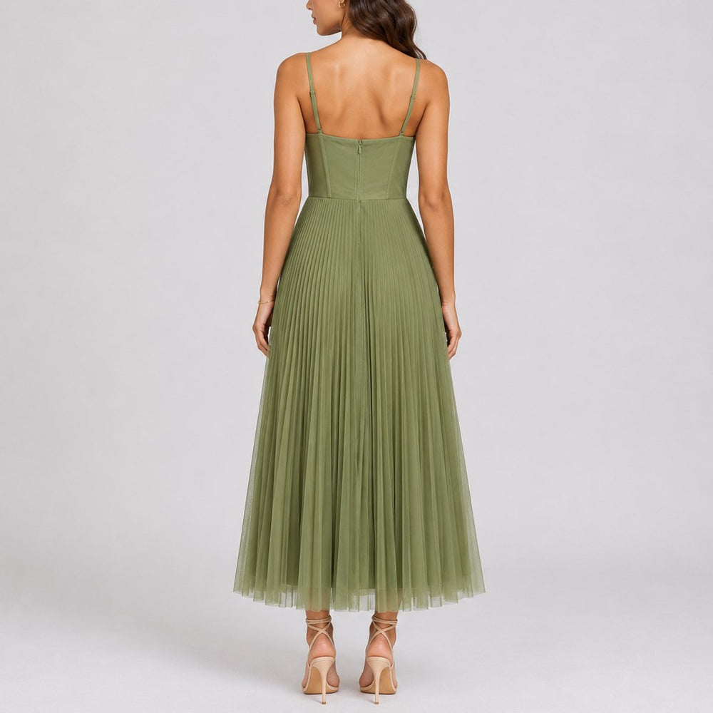 Women's Fall Wedding Guest Pleated Tulle Midi Dress Bustier Bodice