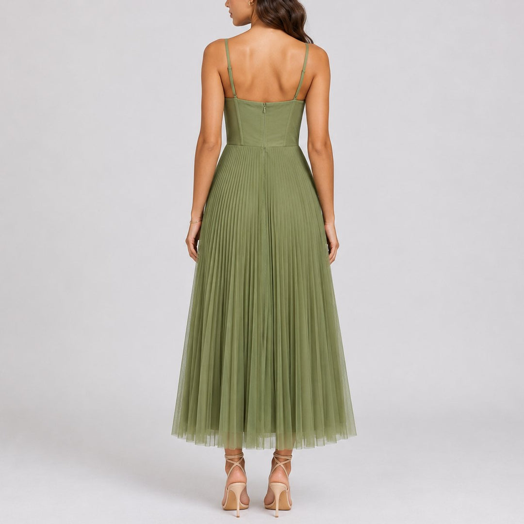 Women's Fall Wedding Guest Pleated Tulle Midi Dress Bustier Bodice