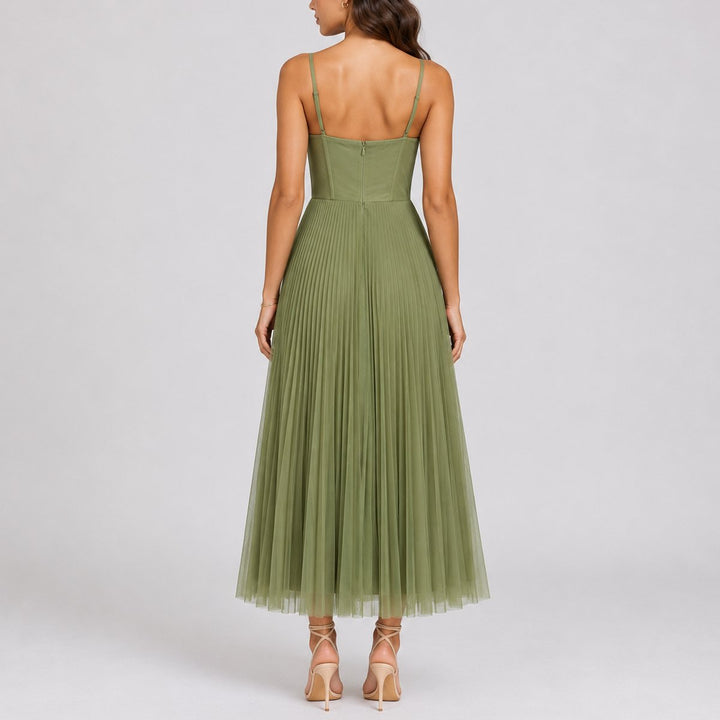Women's Fall Wedding Guest Pleated Tulle Midi Dress Bustier Bodice