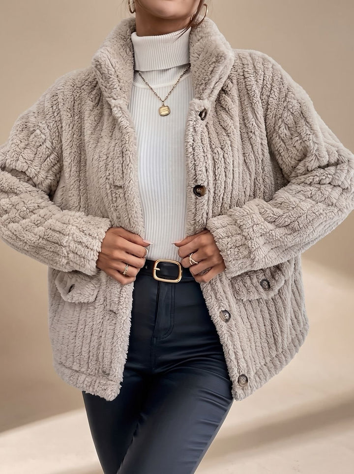 Women's Faux Fur Coat Button-Front Teddy Fleece Jacket Pockets - Beige