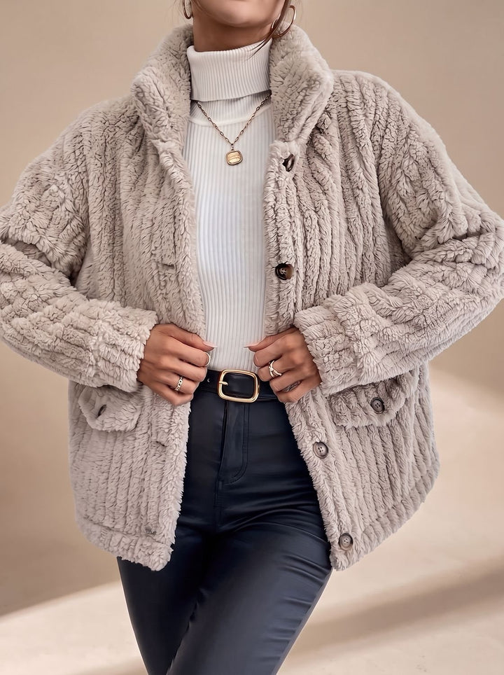 Women's Faux Fur Coat Button-Front Teddy Fleece Jacket Pockets
