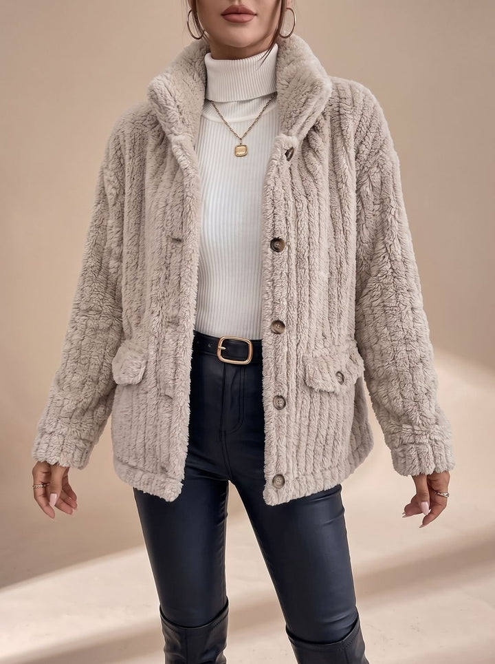 Women's Faux Fur Coat Button-Front Teddy Fleece Jacket Pockets