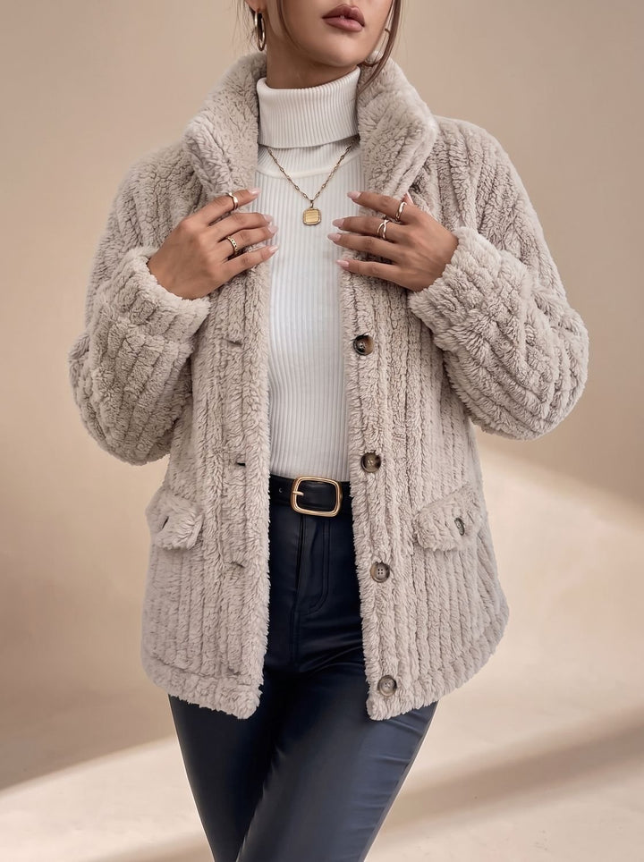 Women's Faux Fur Coat Button-Front Teddy Fleece Jacket Pockets