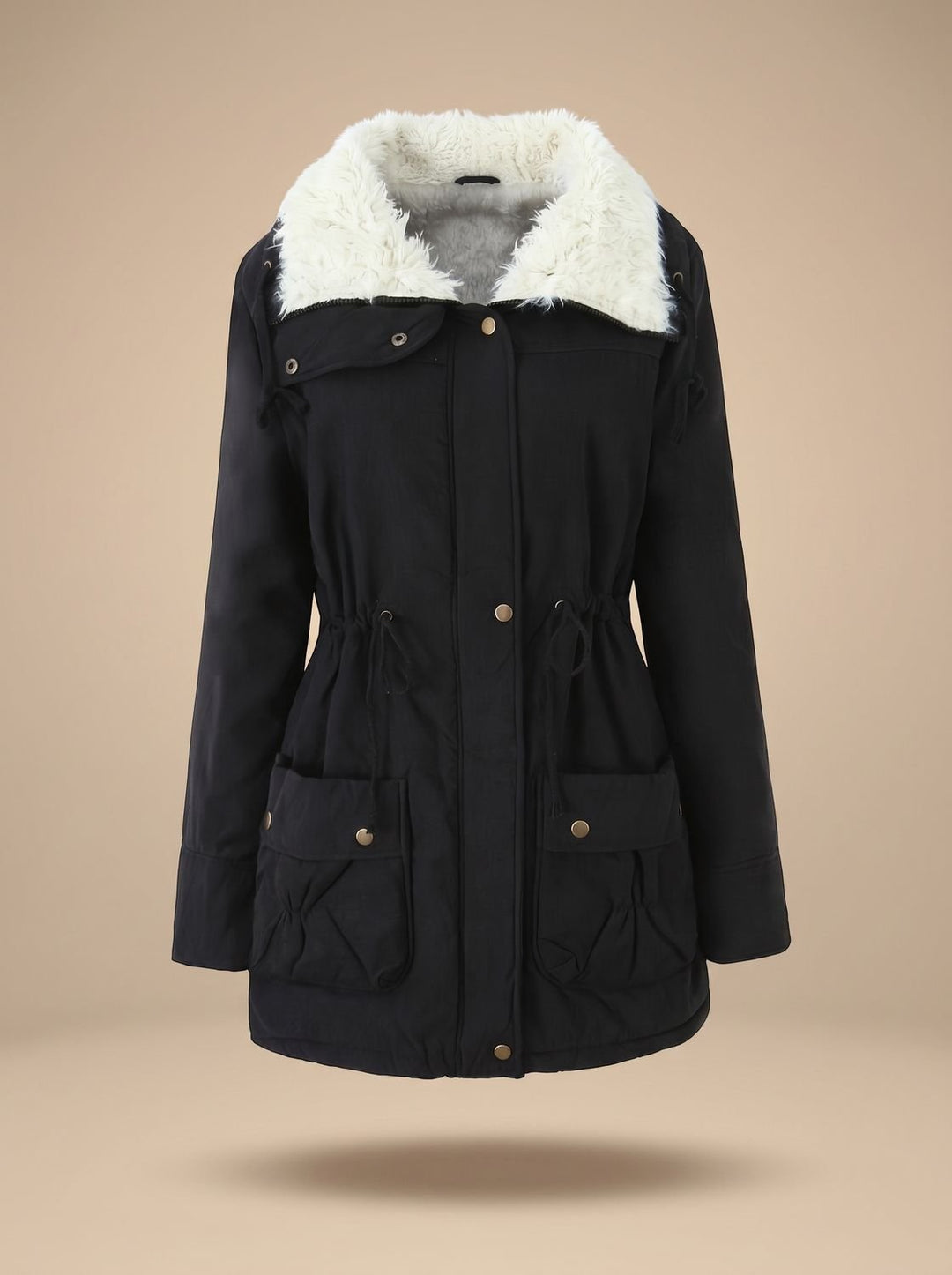 Women's Faux-Fur Collar Drawstring Waist Winter Parka Coat - Black