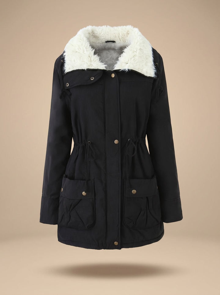Women's Faux-Fur Collar Drawstring Waist Winter Parka Coat - Black